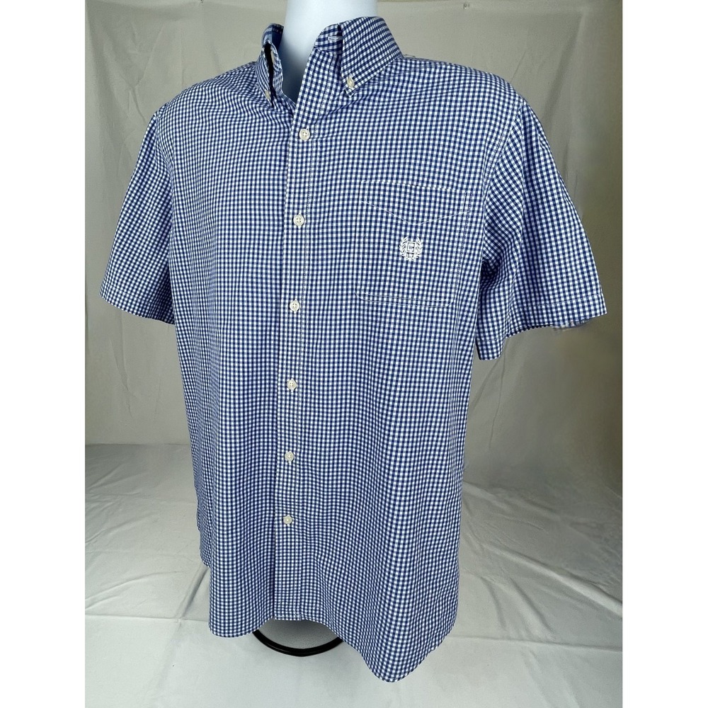 CHAPS MENS LARGE BLUE GINGHAM CHECK BUTTON DOWN SHIRT SHORT SLEEVE EASY CARE